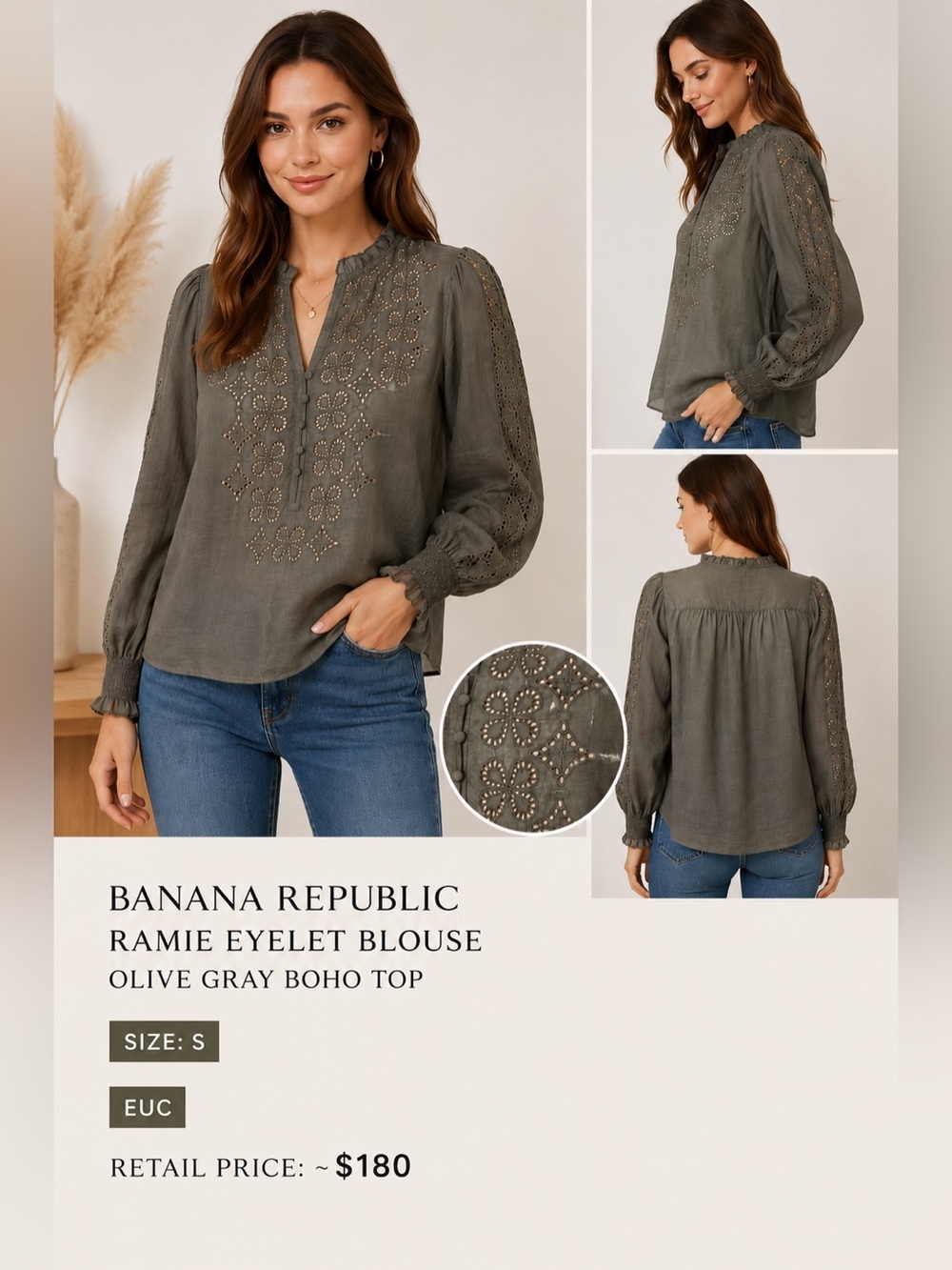 Banana Republic Ramie Eyelet Blouse Olive Gray Boho Top Size S